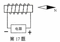 根据右上图中小磁针n极的指向,标出通电螺线管电源的"极.
