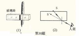 如图(1),从某一角度透过玻璃砖看紧贴在砖后的钢笔,一